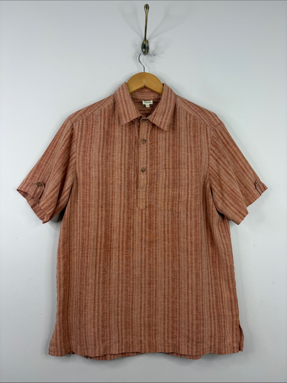 Tilley Shirt Mens Large Orange Stripe Hemp Short Sleeve Polo Made in Canada